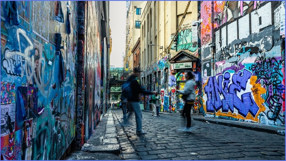 Street in Melbourne, Australia, showing vandalised buildings.